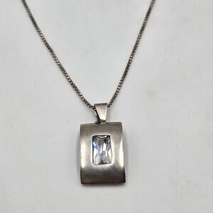 Italy Zirconia Pendant Sterling Silver Rectangle Modern 18" Chain Necklace